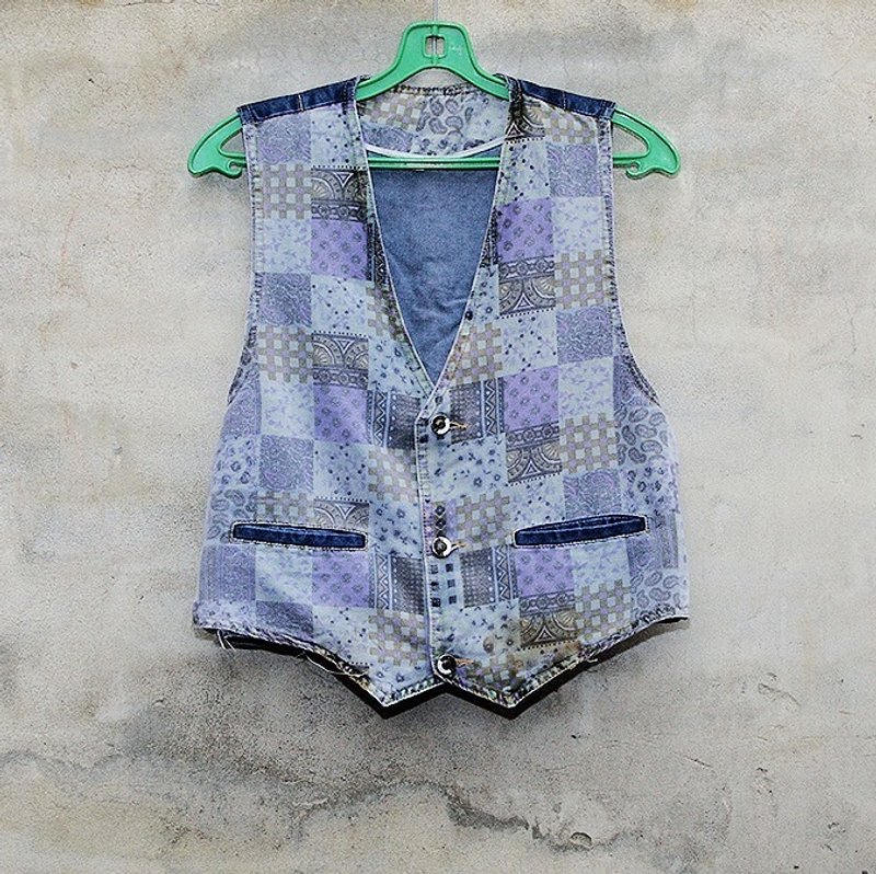 拼布格子花紋牛仔背心 復古 二手 vintage -脫臼古著- - Women's Vests - Other Materials Blue