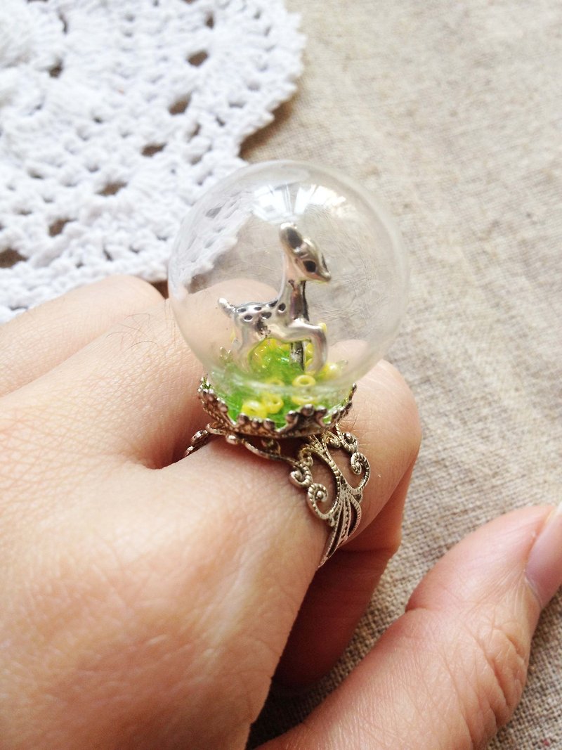 [imykaka] ♥ 森林系 小鹿動物玻璃球 通花銀戒指 - 戒指 - 玻璃 綠色