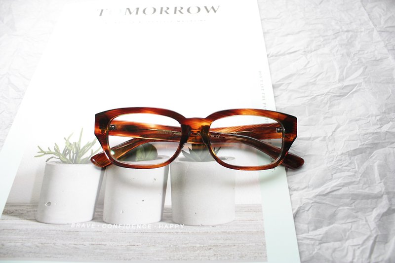 復古方框眼鏡框 日本手工製作 威士忌啡色 - 眼鏡/眼鏡框 - 其他材質 咖啡色