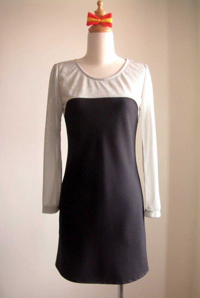 銀色剪接小洋裝 - 連身裙 - 其他材質 黑色