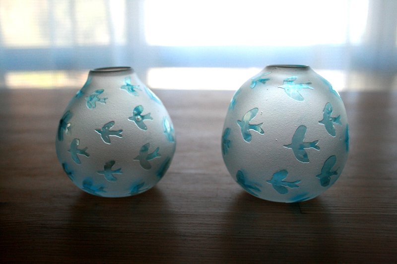 鳥模様の花器 - 観葉植物 - ガラス ブルー