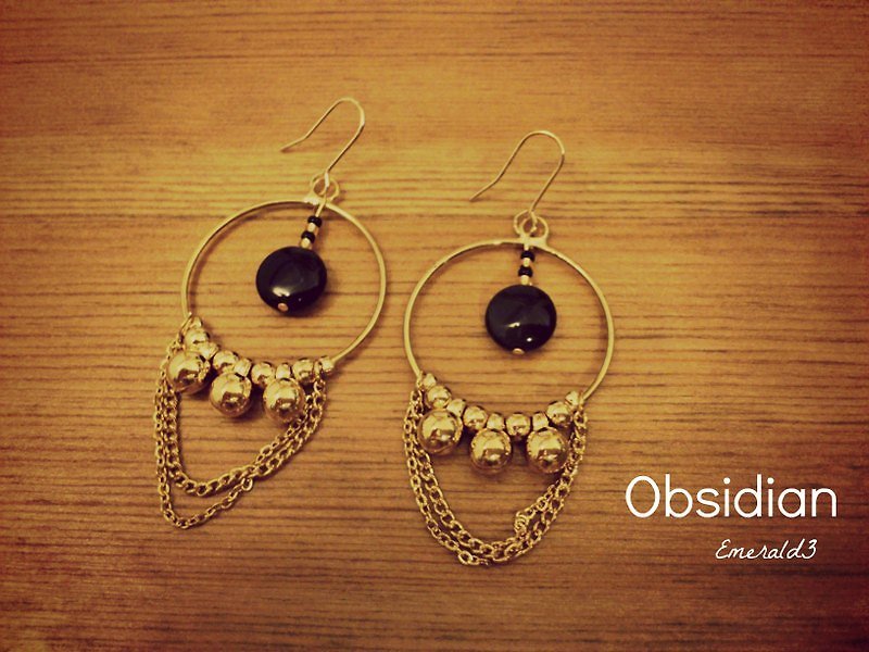 【祖母綠了Emerald3】個性復古黑曜石Obidian耳環 - Earrings & Clip-ons - Gemstone 