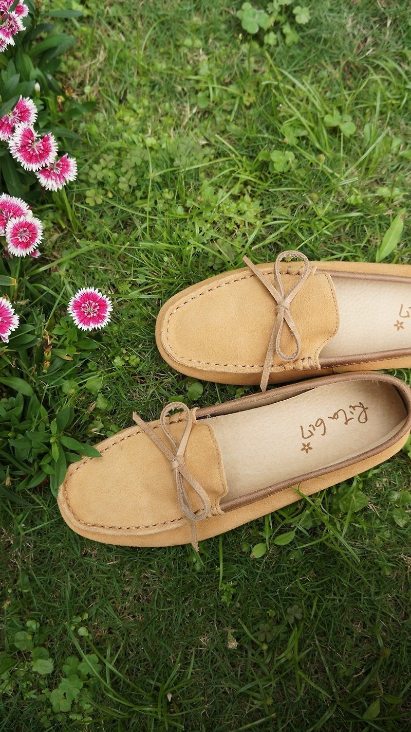 Rita617 Soft series Sew flat shoes (Camel + bow) - รองเท้าลำลองผู้หญิง - หนังแท้ สีส้ม