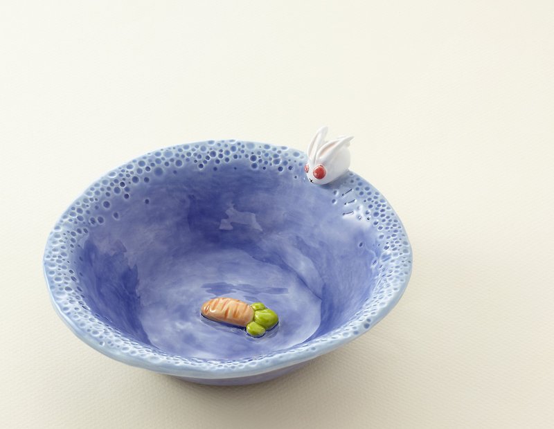 Handmade pottery - white rabbit and radish dessert plate - จานเล็ก - วัสดุอื่นๆ สีน้ำเงิน