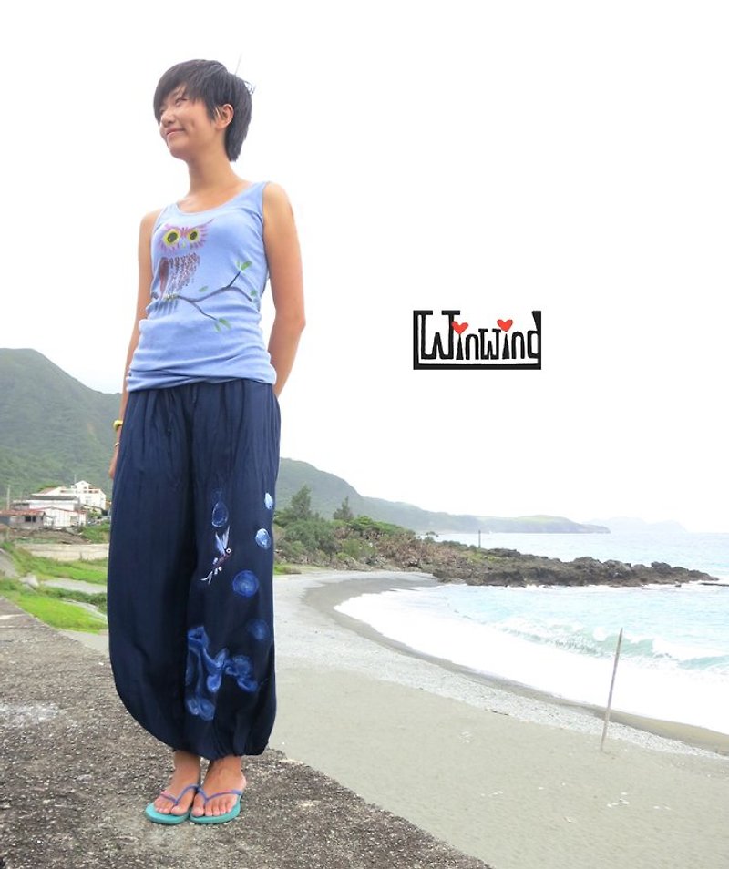 Hand-painted dyed cotton Linen pants flying fish jump waves (neutral models / trousers / pants) - กางเกง - ผ้าฝ้าย/ผ้าลินิน 
