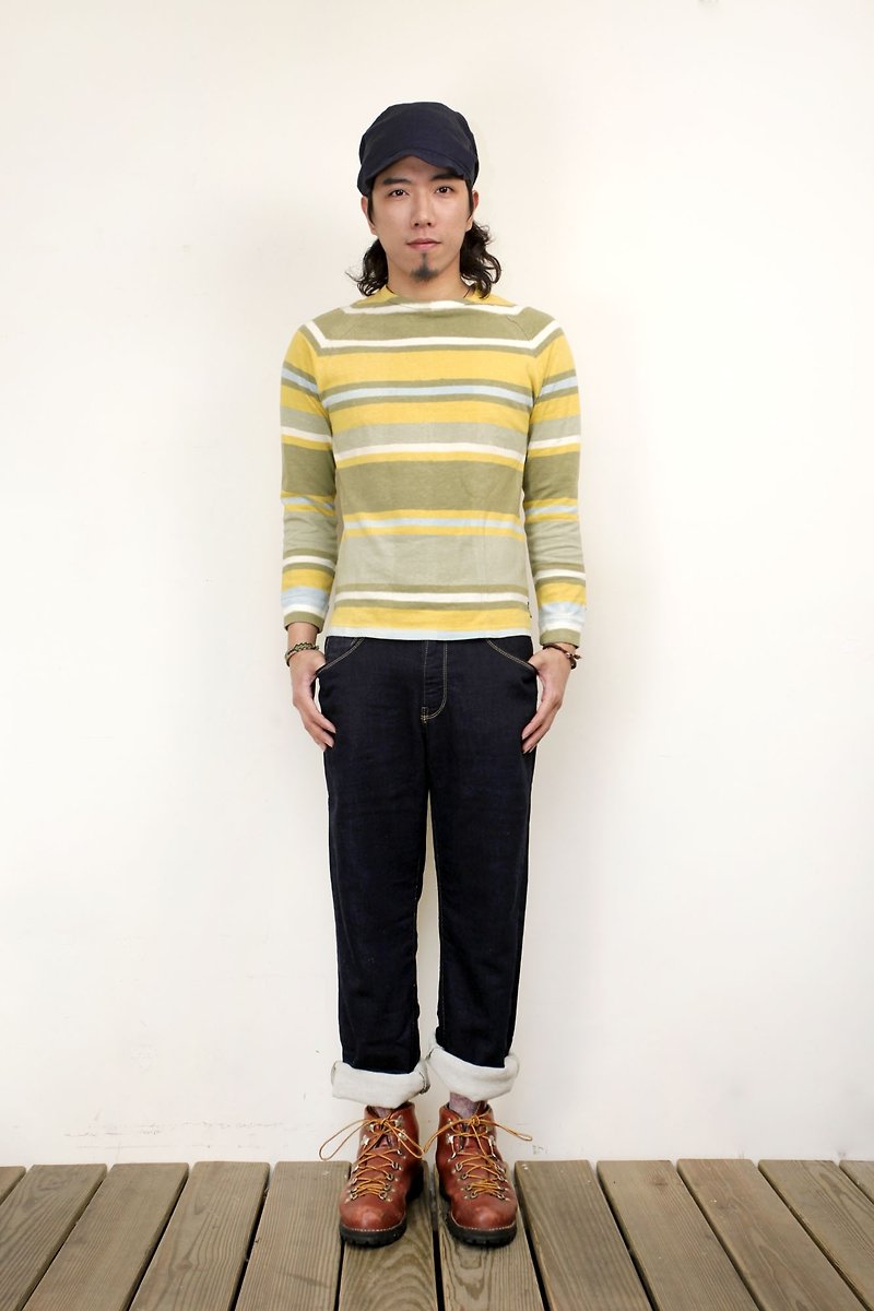 Gohemp 染色條紋長T-黃綠（剩男S） - 男 T 恤 - 棉．麻 黃色