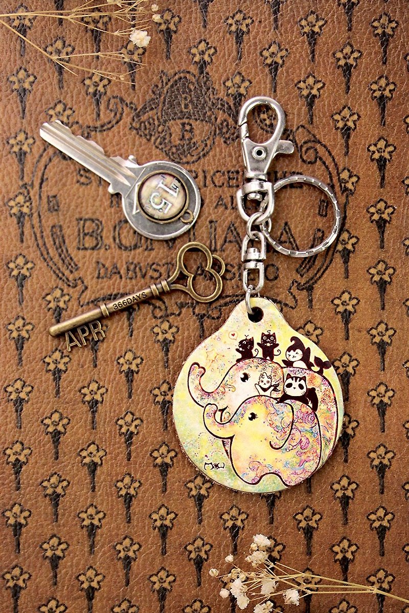 Good meow ~ vegetable tanned cowhide key ring-elephant blossom - Keychains - Genuine Leather 
