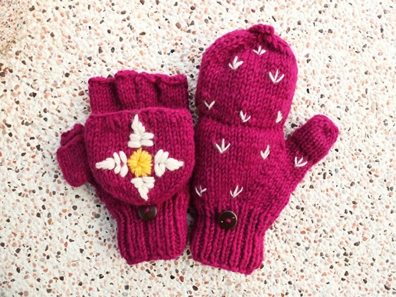羊毛編織手套 太陽花 紫紅 - 手套/手襪 - 其他材質 紫色