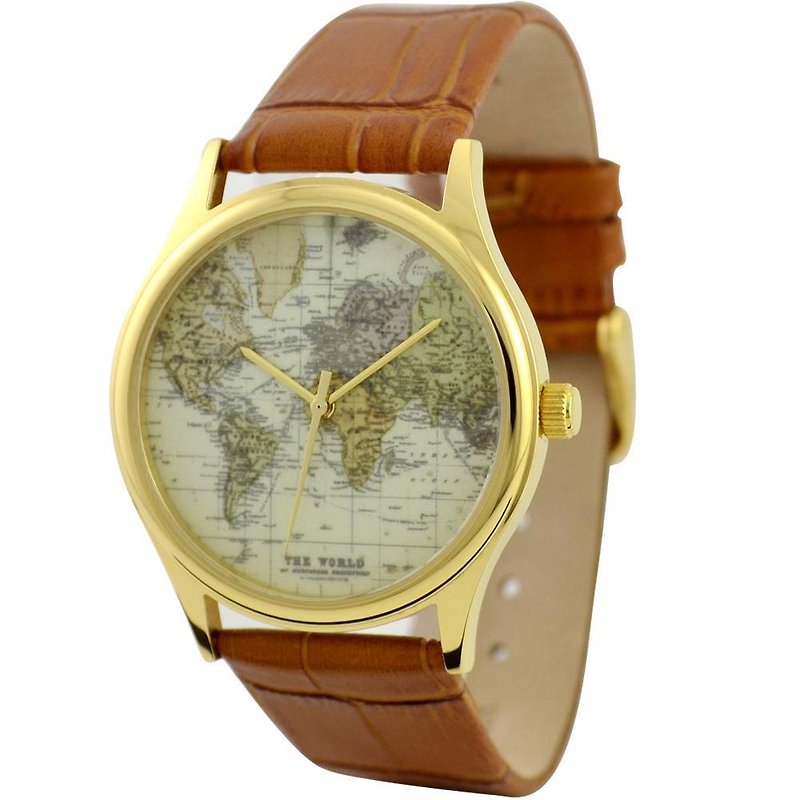 世界の地図はゴールドの腕時計 - 腕時計 - 金属 カーキ