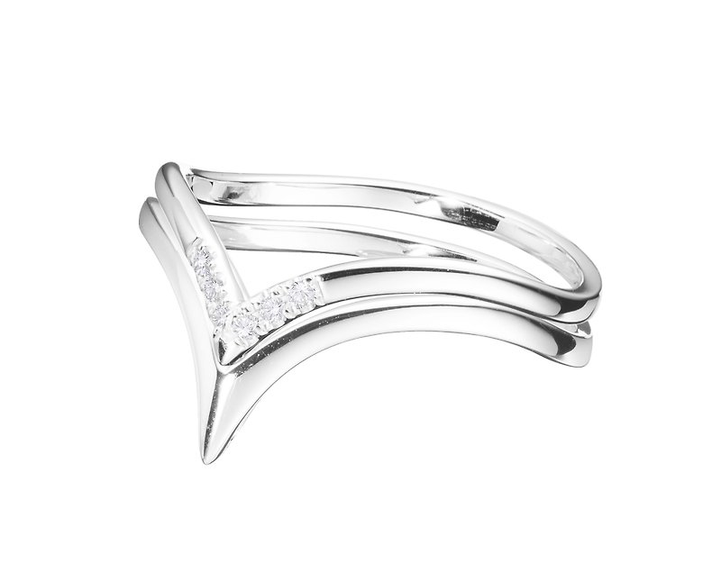 14K金訂婚戒指 鑽石情侶戒指 優雅簡約白金鑚戒  V形白金閨蜜對戒 - 對戒 - 鑽石 銀色