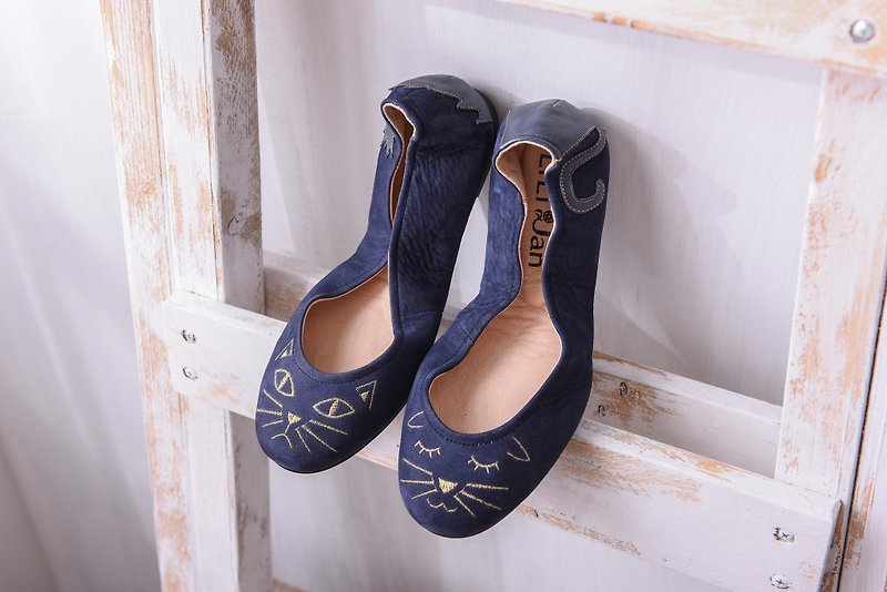 [Cat's Marching] Two 喵喵‧ Folding Ballet Shoes_Shenzhen Natalie - Women's Oxford Shoes - Genuine Leather Blue