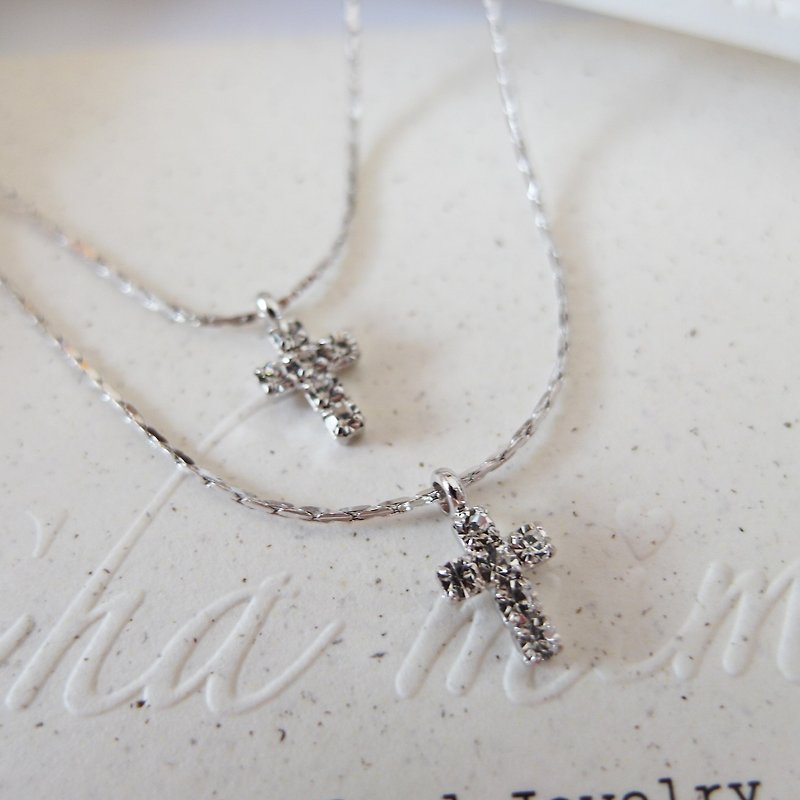 Cha mimi. Taste of autumn. Double-cross diamond silver short chain - Necklaces - Other Materials Gray