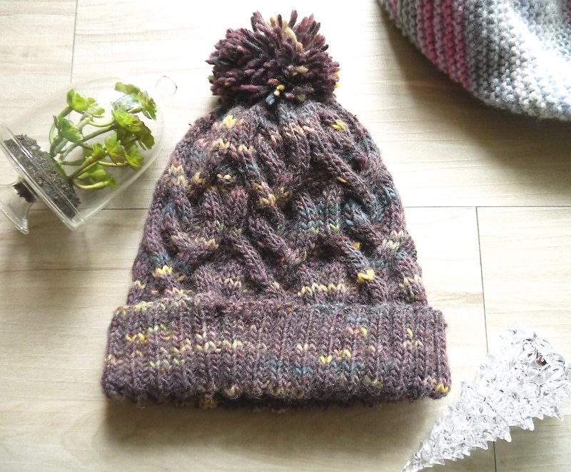 Hand-made knitted woolen hat ~ floral purple woolen hat - Hats & Caps - Wool Purple