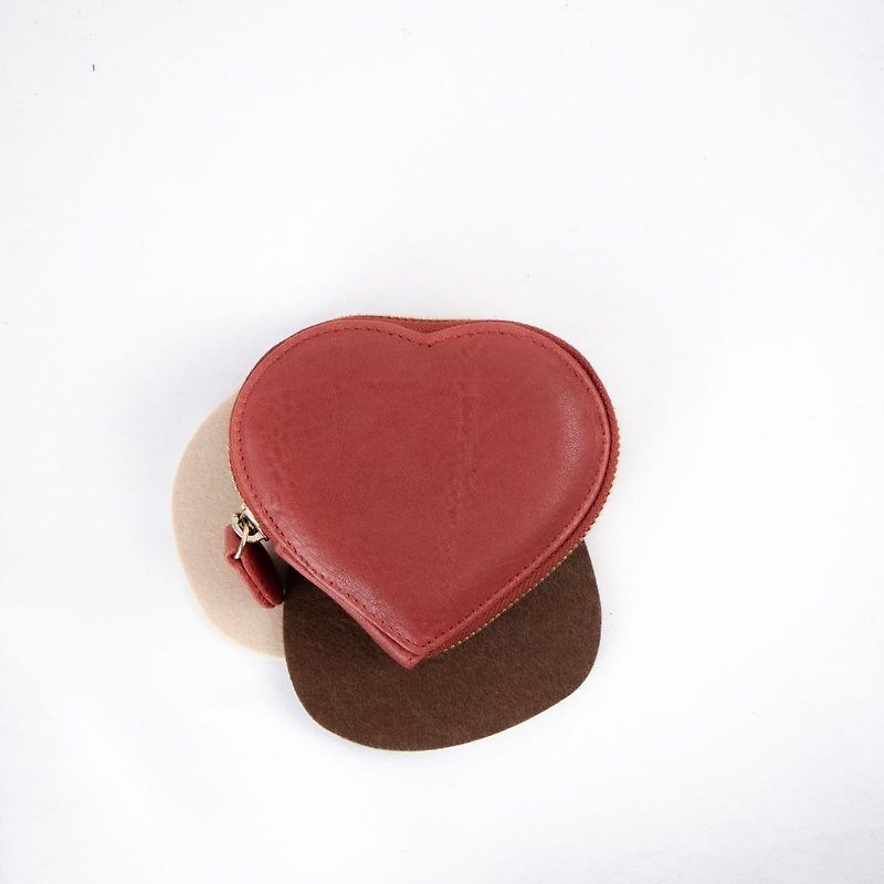 【Valentines Gift】Red Heart Shape Mini Pouch Coins Purse・Cushion Touches - Coin Purses - Genuine Leather Red