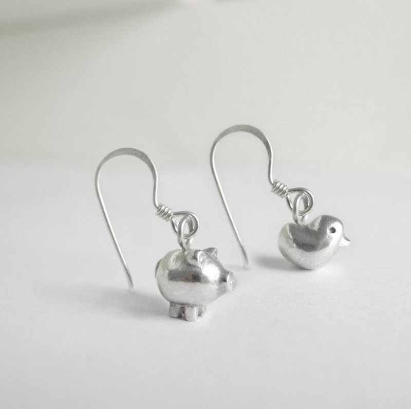 Little chicken piggy Silver earrings - Earrings & Clip-ons - Silver White