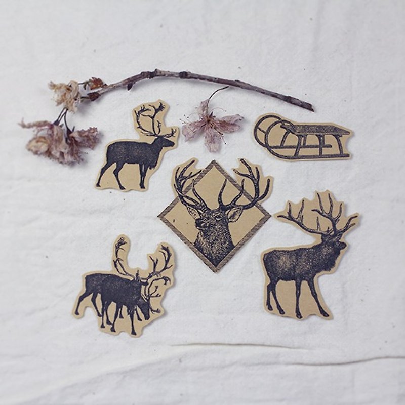 ✡Small scene-Elk sleigh✡ 5 hand-painted kraft paper illustration stickers - สติกเกอร์ - กระดาษ สีกากี