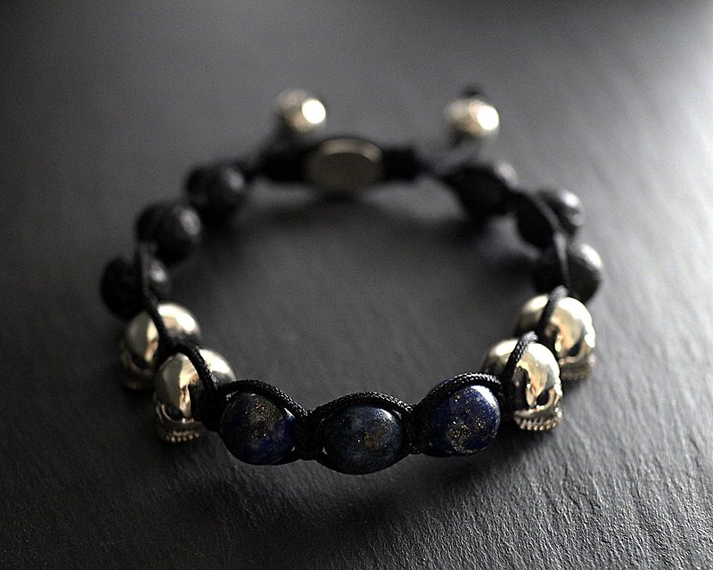 Silver tying skull bracelet (lapis lazuli, lava stone) - Bracelets - Other Metals 