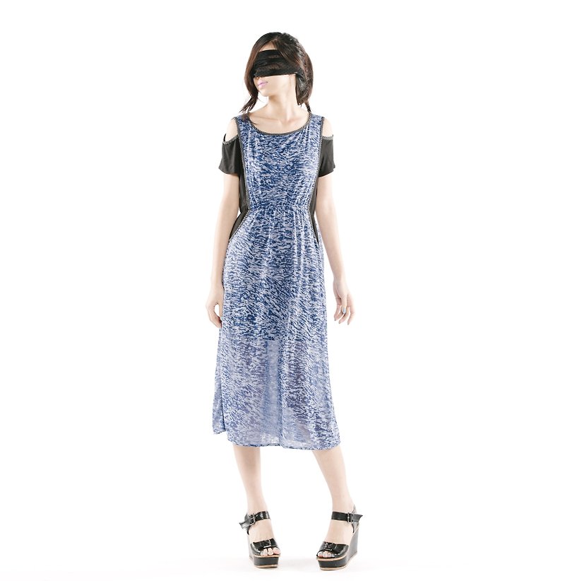 【ワンピース】偽2ストラップレスのドレス<ブルー+ブラック/ブルードット+グラデーションカラー×2色> - ワンピース - その他の素材 多色