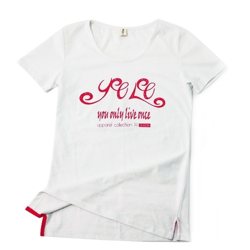 YOLO (紅) - T 恤 - 棉．麻 白色