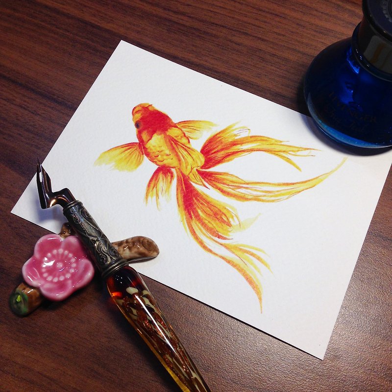 Postcard ~ Ink Dyeing - Goldfish - การ์ด/โปสการ์ด - กระดาษ สีส้ม