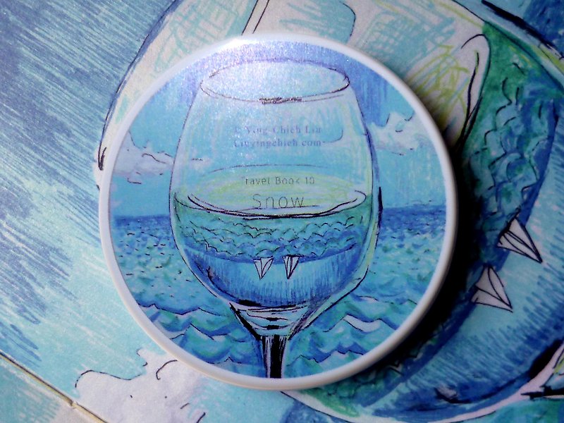 白酒 隨身鏡盒 化妝鏡 小鏡子 小圓鏡 Auckland港邊風景 杯中風帆 - 彩妝刷具/鏡子/梳子 - 玻璃 藍色
