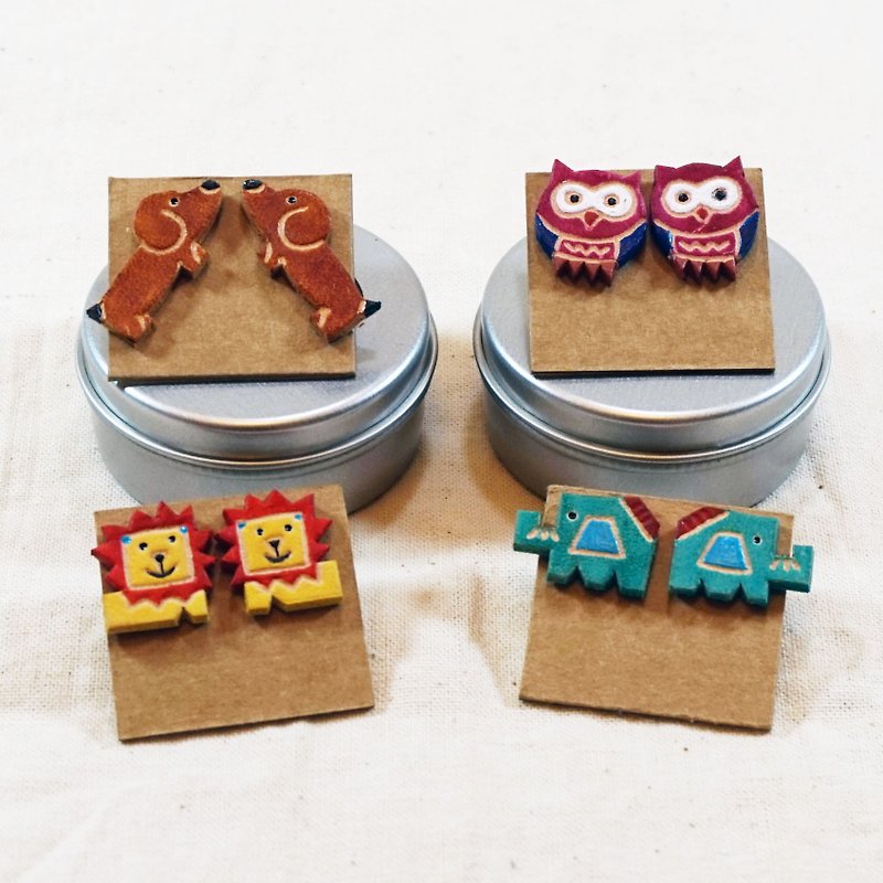 two pigs - pig play two home handmade leather leather leather ─ Silver earrings (square) - Earrings & Clip-ons - Genuine Leather Multicolor