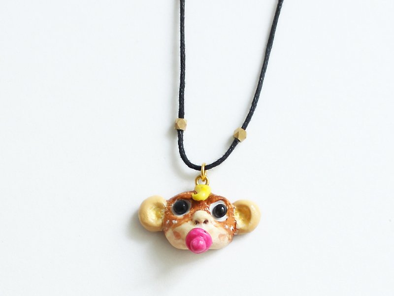 Monkey Girl Necklace - Handmade necklace, Animal necklace, Polymer Clay pendant - Necklaces - Other Materials Pink
