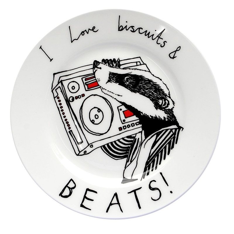 I love biscuits and beats bone china dinner plate | Jimbobart - Plates & Trays - Other Materials White