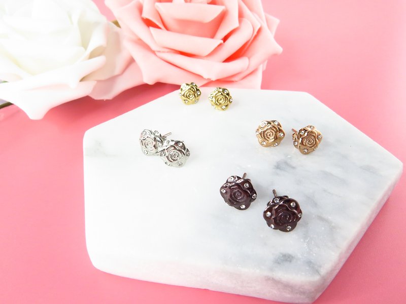 SALE Blooming Rose Earrings 316 Stainless Steel Swarovski white crystals M23E - ต่างหู - โลหะ หลากหลายสี