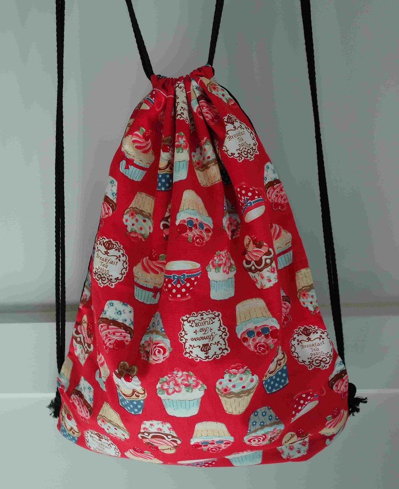 ~ M + Bear ~ Vintage Drawstring Backpack (red cupcakes like) - Drawstring Bags - Cotton & Hemp Red
