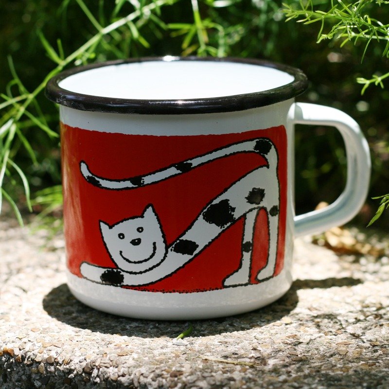 Smaltum Prague enamel cup yoga big cat back _ white (350ml) - แก้วมัค/แก้วกาแฟ - วัตถุเคลือบ ขาว