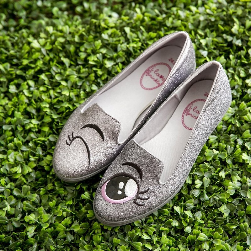 Lila銀色亮片眨眼睛樂福鞋 (大人) - 女款休閒鞋 - 其他材質 灰色
