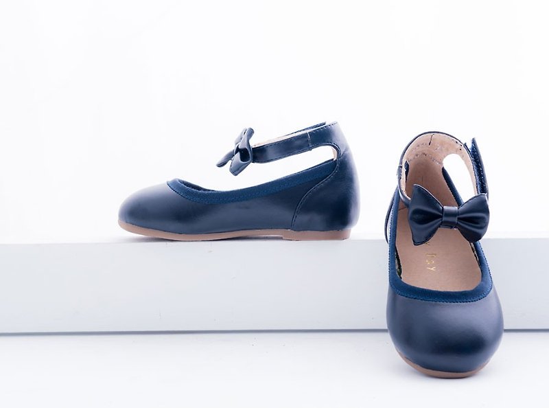 "Baby Day" elegant sweetheart paternity (KID paragraph) texture ankle bows (removable) doll shoes dark blue - Kids' Shoes - Genuine Leather Blue