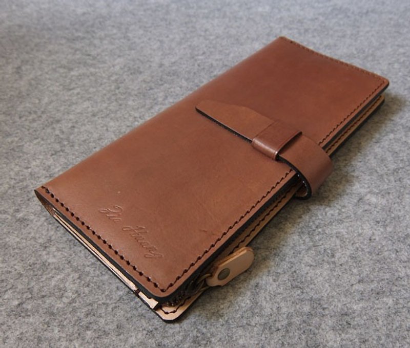 Genuine leather plug long clip 6 cards + photo bag + V change zipper bag dark wood + primary color leather - กระเป๋าสตางค์ - หนังแท้ 