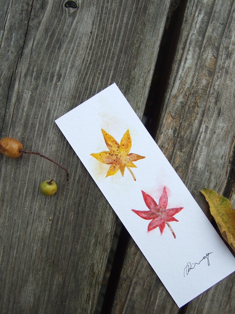メープルの葉 - 手塗りの水彩ブックマークカード（オリジナル） - ポスター・絵 - 紙 レッド