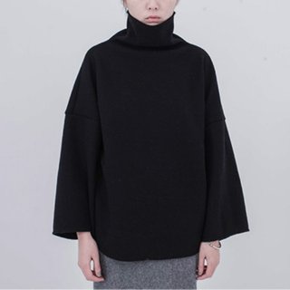 ファンタタ元の独立したデザインの女性のブランド| []太い黒のプルオーバーカフ広い95％ウール生地複合高いカラーは黒と灰色と白のミニマル超緩いの二つの大きなプロファイルの周りに着用します
