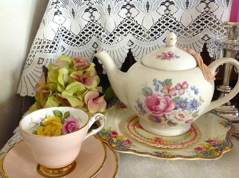  ♥安妮瘋古物♥英國骨瓷 英國製 Sadler 維多麗雅英國古典玫瑰園 4 人份骨瓷花茶壺～浪漫