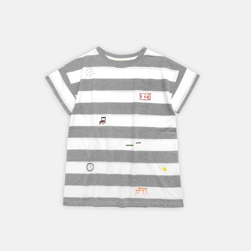 [HEYSUN] elementary school playground / serigraphy striped shirt - Grey - Women's Tops - Other Materials Gray