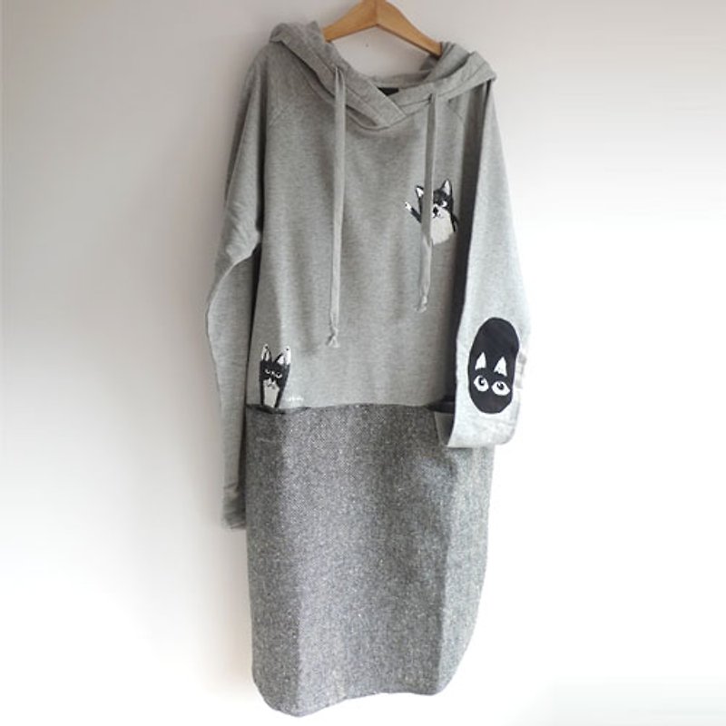 :. Urb tease the cat] [color stitching / hooded coat pocket / length of the two wear - One Piece Dresses - Cotton & Hemp Gray