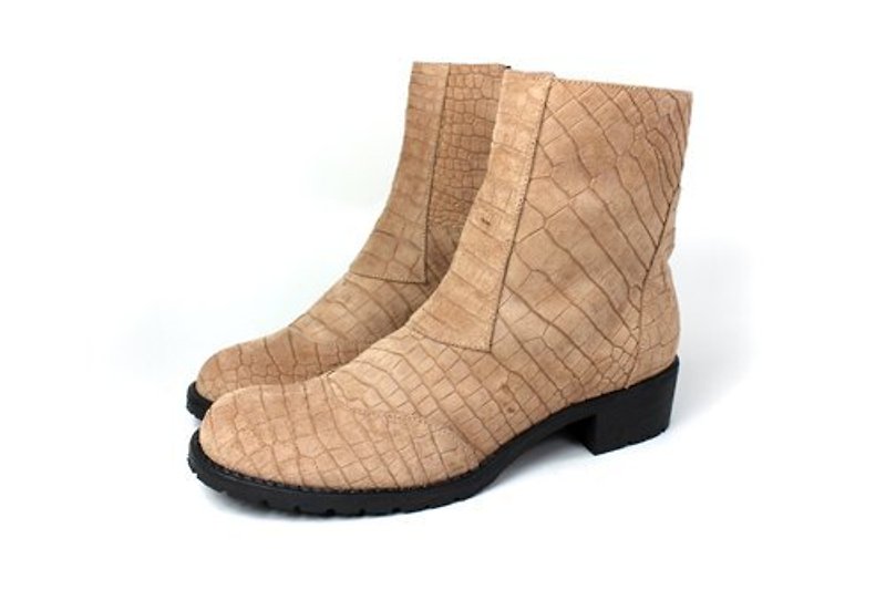Mi Su noodles handsome short boots - Women's Booties - Genuine Leather Khaki