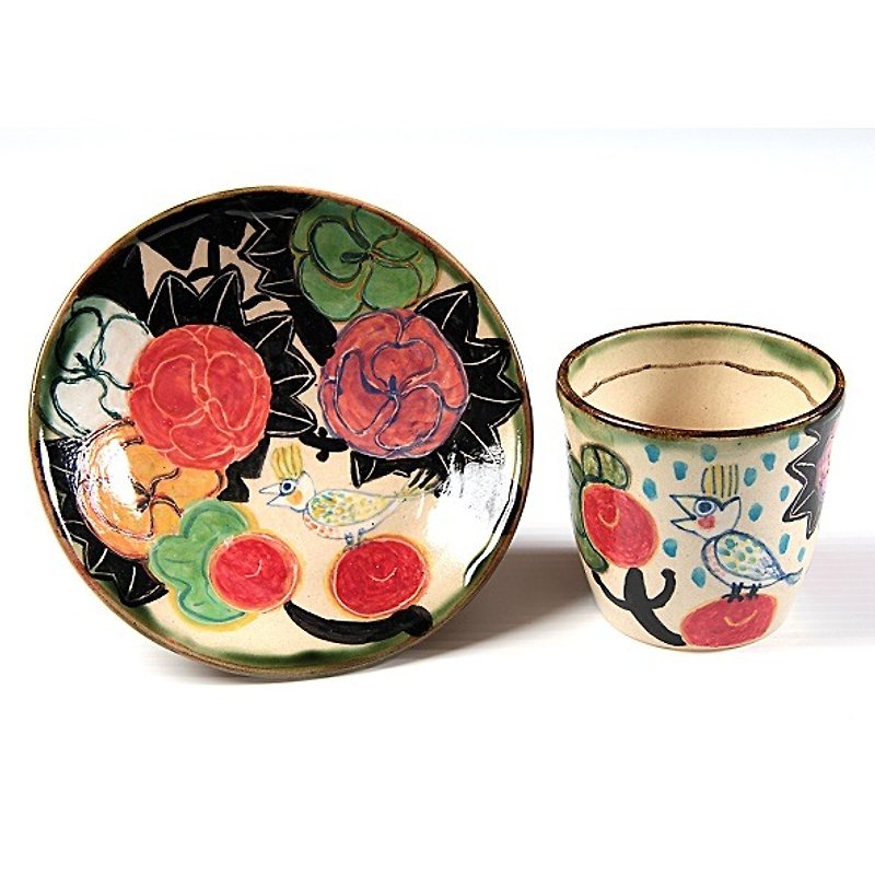 面白鳥と立葵の色絵フリーカップセット - 花瓶・植木鉢 - その他の素材 レッド