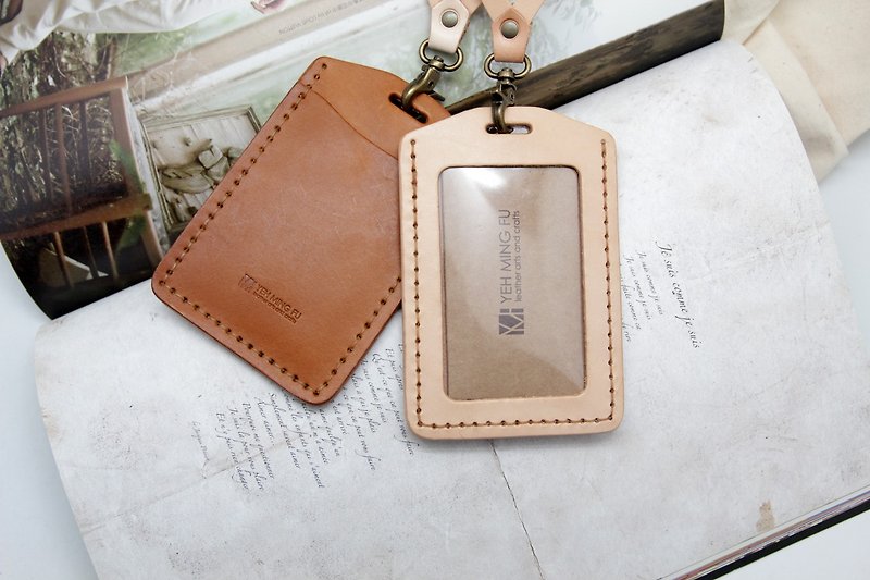 Woody series hand-stitched leather identification card hand strap/neck lanyard set - ที่ใส่บัตรคล้องคอ - หนังแท้ สีนำ้ตาล