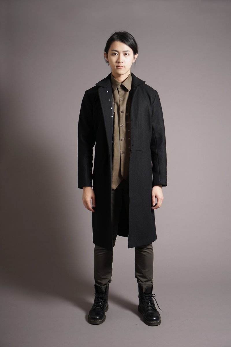 立領毛料大衣 黑色 - 外套/大衣 - 其他材質 黑色