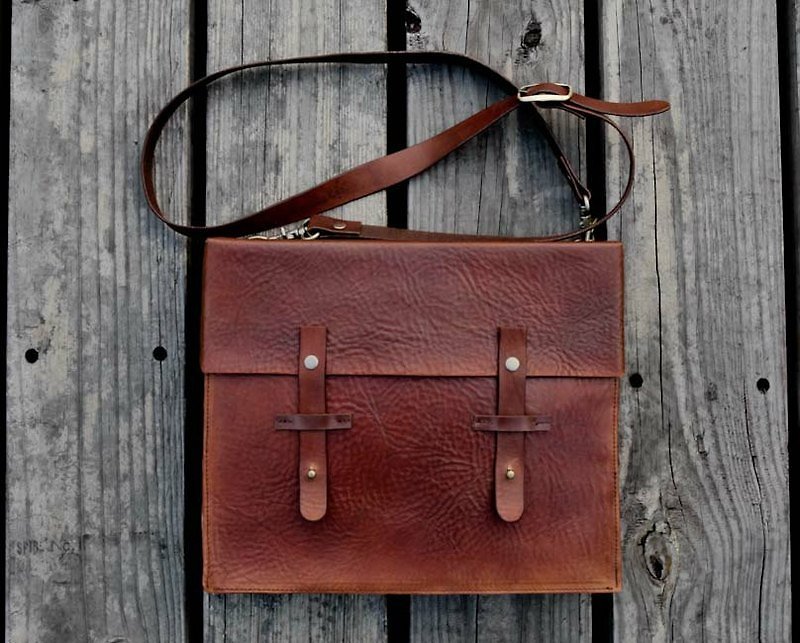Handmade dark brown tan genuine leather satchel messenger bag - Messenger Bags & Sling Bags - Genuine Leather Brown