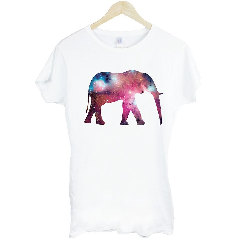 Elephant-Galaxy Girls Short Sleeve T-Shirt-White Elephant Milky Way Universe Space Animal Abstract Design Art Illustration Wen Qing - เสื้อยืดผู้หญิง - ผ้าฝ้าย/ผ้าลินิน ขาว