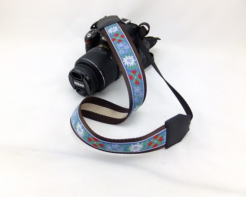 相機背帶 個性客製 可印字 真皮拼接 刺繡花紋  民族風018 - 相機背帶 - 真皮 藍色