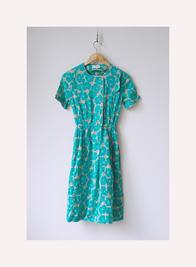 Just pills and cat ♫ ~ grass flowers vintage dress - One Piece Dresses - Cotton & Hemp Green
