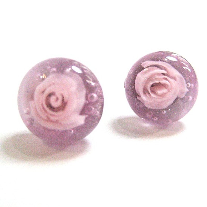 粉紅玫瑰手工琉璃耳環 - 耳環/耳夾 - 玻璃 粉紅色