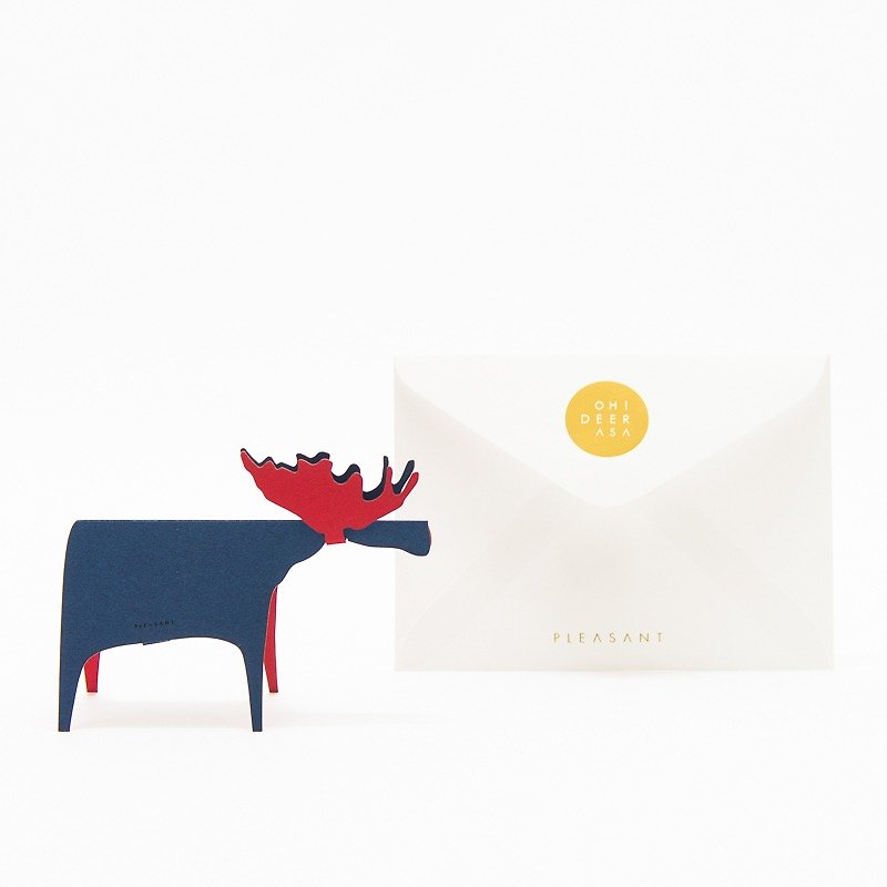 ディアカード用紙 - ネイビー＆レッド - タケオNT RASHAグリーティングカード、鹿の彫刻 - 置物 - 紙 ブルー