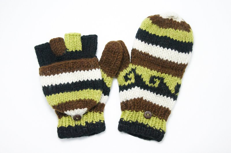 New Year's gift limit a hand-woven pure wool knit gloves / detachable gloves / bristles gloves / warm gloves - Matcha latte color national totem - Gloves & Mittens - Other Materials Multicolor